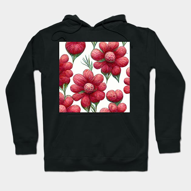Puffy red and pink 3D flowers in a pattern with green stems on a white background. Hoodie by Liana Campbell